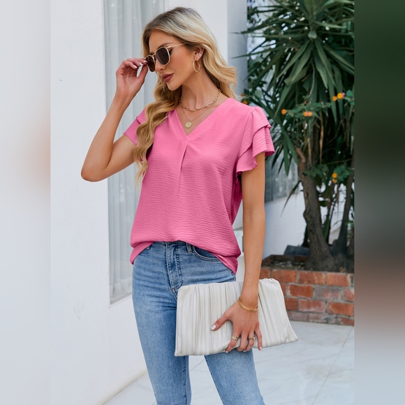 V-Neck Flounce Sleeve Blouse - Picture 2 of 4